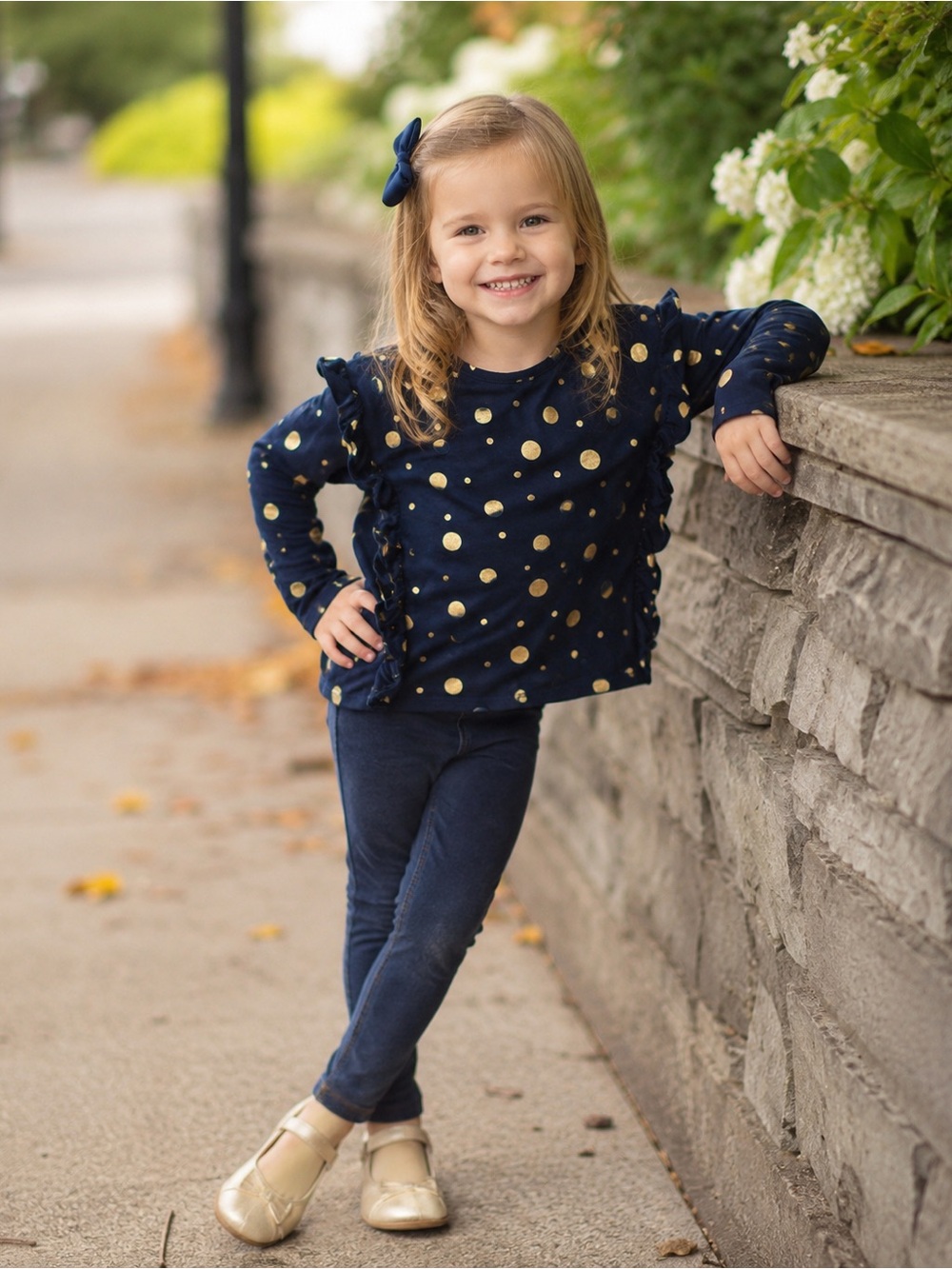Doe a Dear Girls 4T Navy Gold Polka Dot Ruffle Long Sleeve Top 3/$30